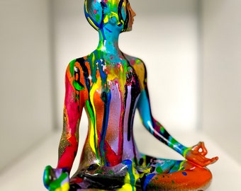 Abstract painted meditating lady figurine, yoga figurine, meditation statue, painted lady figure, bust, pop art, abstract sculpture,