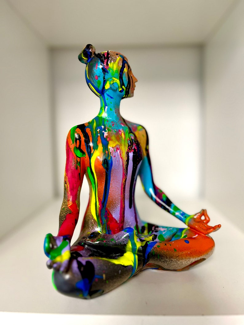 Customisable painted Meditation figure, choose you colourway, drip paint, street art sculpture, pop art, abstract sculpture, Female figure image 1