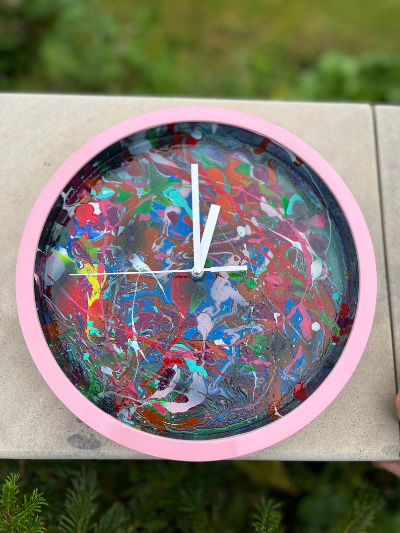 Drip painted clock, graffiti clock, painted clock, design your own sculpture, contemporary sculpture, modern sculpture, colourful clock image 3