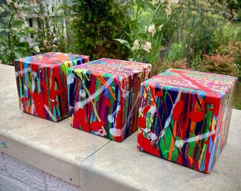 Painted sculpture, abstract art, drip art object, drip art, pop art sculpture, gift for art lover, street art sculpture, drip painted blocks