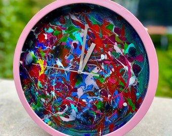 Drip painted clock, graffiti clock, painted clock, design your own sculpture, contemporary sculpture, modern sculpture, colourful clock