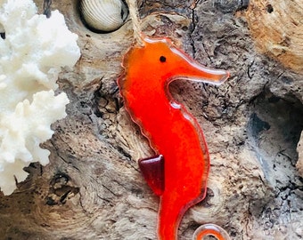 Fused glass red seahorse on driftwood sun catcher hanging decoration