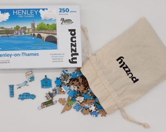 Henley on Thames Travel Style Adult Jigsaw puzzle with traditional and whimsical cut pieces.  Made in England