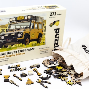 Land Rover Defender wooden jigsaw puzzle, the Camel Trophy edition.  The perfect Land Rover Enthusiast Gift. Normal & Character pieces.