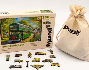 The Country Bus wooden jigsaw puzzle. A perfect gift for bus enthusiasts.  With irregular & whimsical pieces. 260 pieces. British made.