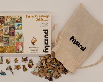 Easter Greetings Wooden Jigsaw Puzzle | Vintage Easter postcards | 269 pieces | Made in Britain | Whimsical Themed Pieces