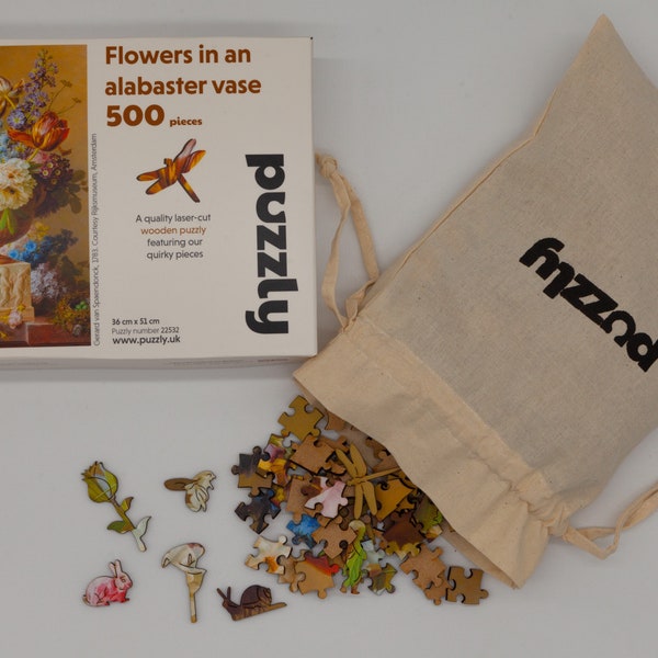 Flowers in an alabaster vase wooden jigsaw puzzle.  Contains regular and whimsical pieces. Made in England. 500 piece laser cut puzzle.