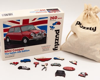 Mini Cooper wooden jigsaw puzzle, the Italian Job Edition.  Perfect gift for Mini enthusiasts. Normal and Character pieces. British Made.