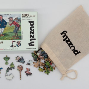 Vintage Golf Cartoon Wooden Jigsaw Puzzle.  Four to choose from.  Contains golf themed whimsical pieces. Made in Britain