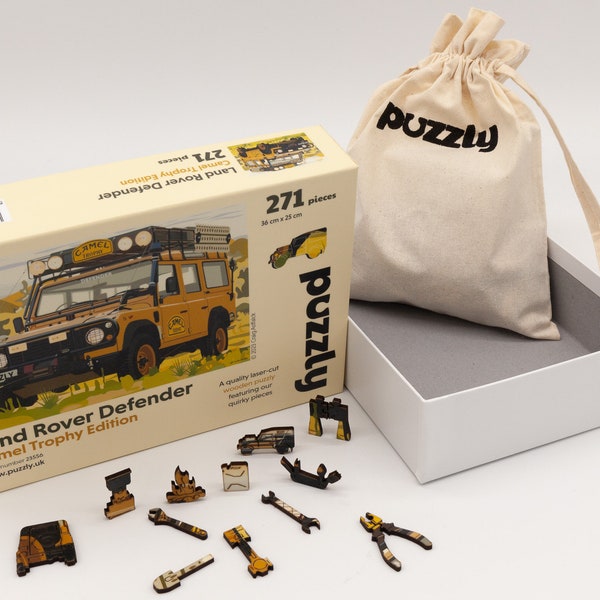 Land Rover Defender Camel Trophy wooden jigsaw puzzle.  Perfect gift for Land Rover Enthusiasts. Normal and Character pieces. British Made