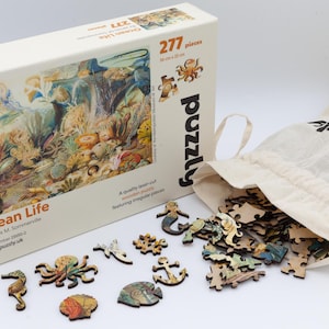 Ocean Life Wooden Jigsaw Puzzle.  Chose from 638, 277 or 136 pieces.  Has ocean themed whimsical and irregular pieces. British made