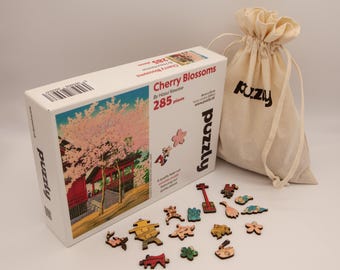 Cherry Blossom Wooden Jigsaw Puzzle: Japanese Woodblock Art, Whimsical Pieces