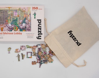 Hotel Melrose Lobby Wooden Jigsaw Puzzle. With Whimsical Character Pieces