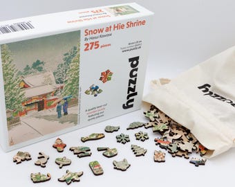 Snow on Hie Shrine Wooden Jigsaw Puzzle: Japanese Woodblock Art, Whimsical Jigsaw Pieces