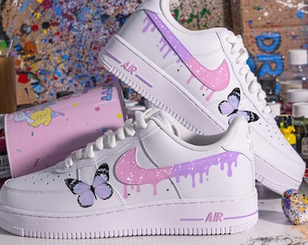 Custom Purple Butterfly and Dripping Nike Air Force 1,HandPainted Gradient Violet Nike AF1 Sneakers,The Nike Air Force 1,Customize AF1s Gift