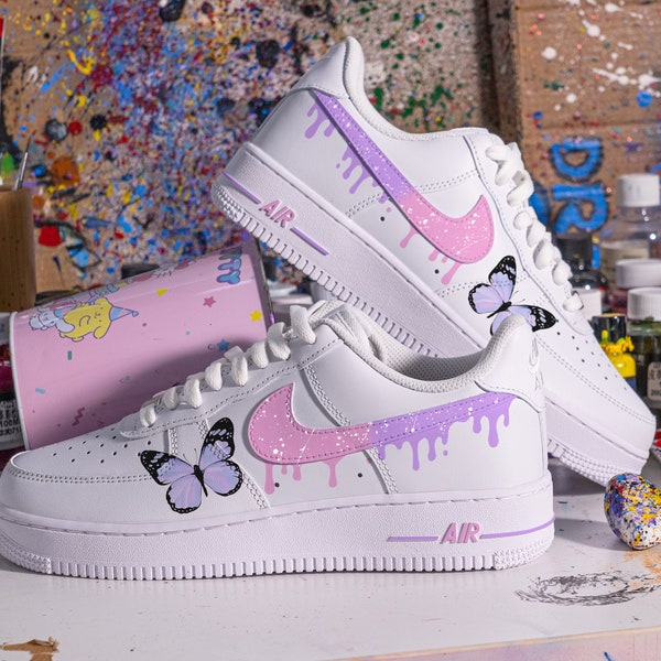 Custom Purple Butterfly and Dripping Nike Air Force 1,HandPainted Gradient Violet Nike AF1 Sneakers,The Nike Air Force 1,Customize AF1s Gift