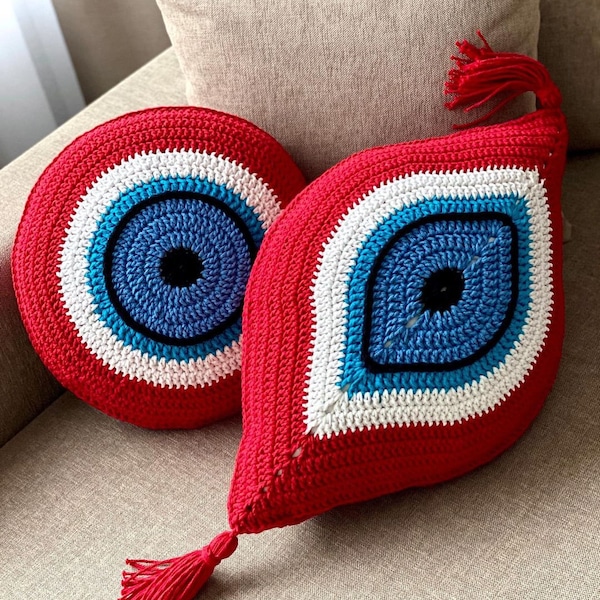 Red Round Evil Eye Cushion Cover,Blue tassel Pillowcase, St. Patric Day Gift Best Ever, Turkish Good Luck Pillowcase, Boho Round-Oval Cover