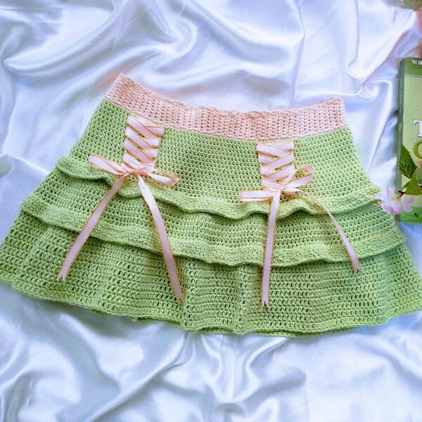 Frilly Green Mini Skirt, Ruffle Skirt, College Party Skirt, Daily Skirt, Crochet Skirt, Handmade Mini Skirt, Green Skirt With Pink Details