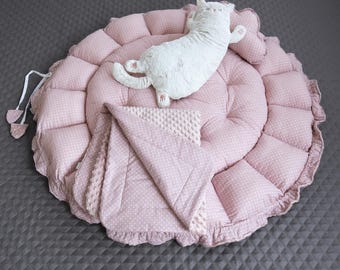 MINKY Altrosa/ Punkte Rosa Weiß Baumwolle XXL Multifunktion Krabbeldecke + Decke + Kissen Premium Ausstattung Nest SET