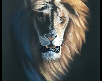 Lion. Grande peinture pour la maison et le bureau. Un excellent cadeau pour un ami amoureux narur. Fabriqué en Italie.