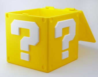 Mario Question Block.  3D-printed Hinged Coin Bank or Storage Box *Plz read full description*