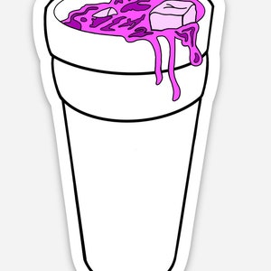 May include: A sticker featuring a white cup with a purple liquid and ice cubes. The purple liquid is overflowing and dripping down the side of the cup. The cup has a black outline.