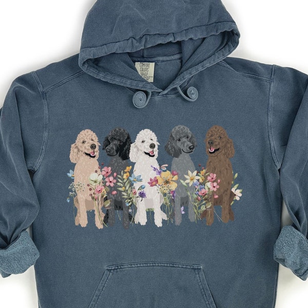 Sweat-shirt à capuche Comfort Colors pour caniche fleurs sauvages Chemise caniche standard, cadeau caniche cottagecore pour amoureux des chiens caniche, maman caniche, propriétaire