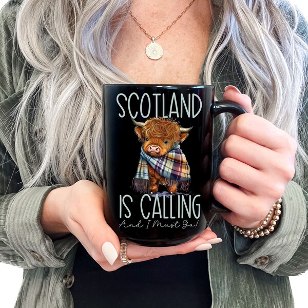 15 oz Highland Cow Mug - Adorable Cow in Scottish Tartan Scarf - Scotland is Calling and I Must Go - Perfect Gift for Scotland Lovers!"