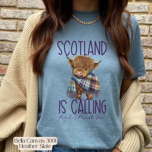 Bella Canvas 3001 Highland Cow, Scotland is Calling, Scottish Heritage shirt, Travel Scotland gift, Scottish cow shirt,
