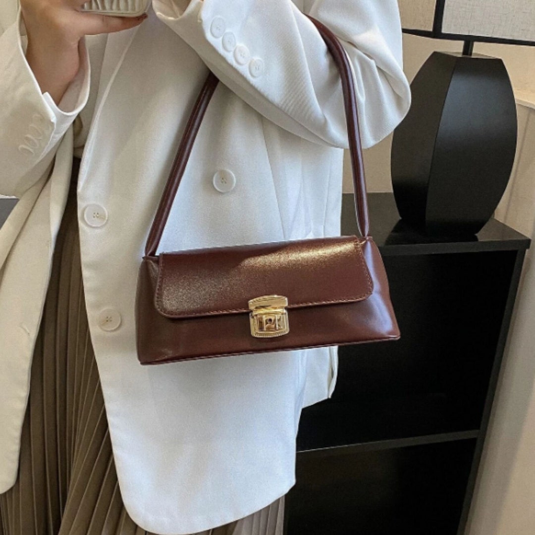 Baguette Bag Push Lock Flap Leather Bag Shoulder Bag Retro - Etsy