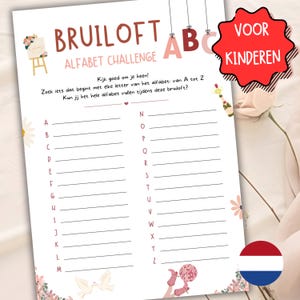Puede incluir: Un papel blanco con el texto "BRUILOFT ALFABET CHALLENGE" en marrón y rosa. El papel tiene líneas para el alfabeto y las palabras "VOOR KINDEREN" en una estrella roja. Ilustraciones florales y de palomas decoran la página.