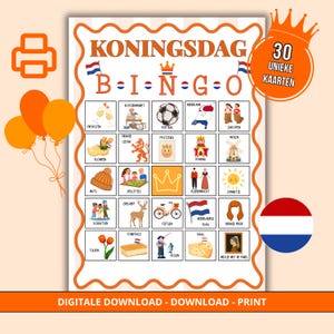 Koningsdag Bingo Spel, 30 Unieke afdrukbare bingokaarten, Koningsspelen Activiteiten School Groep 3-8, Koningsdag Spelletje Kinderen