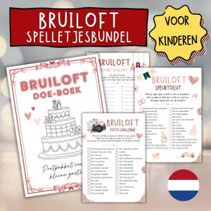 May include: A collection of Dutch wedding games for children, featuring a "Bruiloft" theme. The set includes a "Doe-Boek" activity book, an alphabet challenge, a photo challenge, and a scavenger hunt, all with decorative floral and cake illustrations.