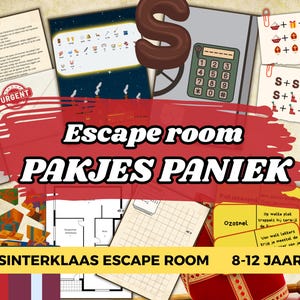 Op de afbeelding: Een escape room spel genaamd "PAKJES PANIEK" met verschillende aanwijzingen, waaronder een rekenmachine, een chocoladeletter "S" en wiskundige puzzels. Het spel is ontworpen voor kinderen van 8-12 jaar en bevat de tekst "SINTERKLAAS ESCAPE ROOM".