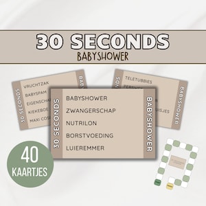 May include: A baby shower game set with cards and a game board. The cards have text in Dutch, including "Babyshower" and "Zwangerschap." The game board is a grid with start and finish spaces. The set includes 40 cards.