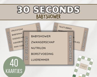 Babyshower 30 seconds • Babyshowerspel met 40 kaartjes • afdrukbaar • Nederlands (NL) •  neutrale kleuren