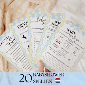 Babyshower-lekpaket - 20 färgglada utskrivbara lekar och aktiviteter för en babyshower i blått - holländska - pdf