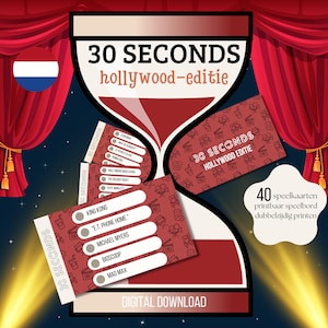 Prueba de Hollywood de 30 segundos • 40 naipes • imprimible • holandés • juego de mesa sobre películas, actores, actrices y citas famosas.