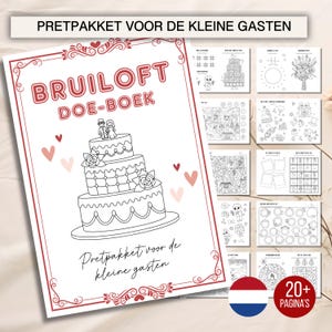 Op de afbeelding: Een trouwactiviteitenboek met een illustratie van een drielaagse taart, de tekst "BRUILOFT DOE-BOEK" en de tekst "PRETPAKKET VOOR DE KLEINE GASTEN". Het boek bevat diverse kleurplaten en activiteiten, met de tekst "20+ PAGINA'S".