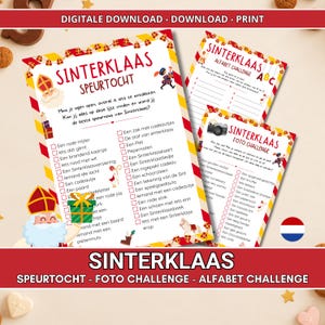 Peut inclure: Trois feuilles d'activités imprimables pour Sinterklaas comprenant une chasse au trésor, un défi alphabet et un défi photo. Les documents présentent des bordures rouges et jaunes, des illustrations de Sinterklaas et des listes en néerlandais.