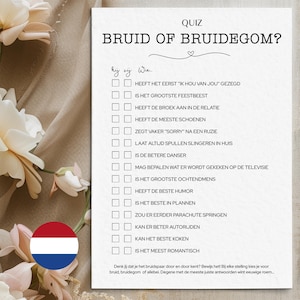 Puede incluir: Un cuestionario en holandés titulado "¿Novia o Novio?" con preguntas para completar. El cuestionario incluye una bandera holandesa. El fondo es beige neutro con detalles florales.