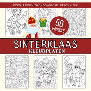 Op de afbeelding: Een verzameling zwart-wit kleurplaten met illustraties van Sinterklaas, een Nederlandse vakantiefiguur. De pagina's bevatten afbeeldingen van Sinterklaas op een scooter, met kinderen en andere feestelijke scènes. De tekst "Sinterklaas Kleurplaten" wordt weergegeven.