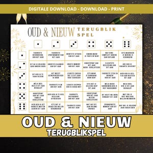 May include: A printable Dutch New Year's Eve game with dice and prompts. The game features a white background with gold accents and text in Dutch. The game is designed for digital download and print.
