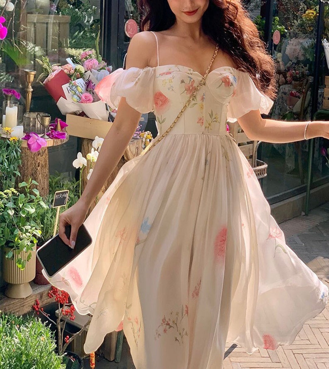 Cottagecore Floral Dress Vintage Fairy Prom Romantic Y2K Midi Etsy