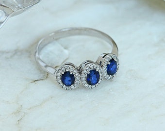 Drie stenen verlovingsring, Halo blauwe saffier ring, ovaal gesneden blauwe saffier ring, cadeau voor haar, Moederdag geschenken, mama geschenken, moeder cadeau