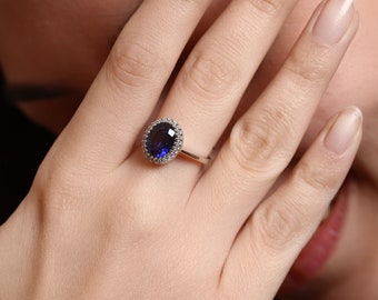 Sapphire Halo Engagement Ring, Royal Blue Sapphire Promise Ring, 14K White Gold Sapphire Engagement Ring, Cadeau voor haar, Moeders Dag Cadeau