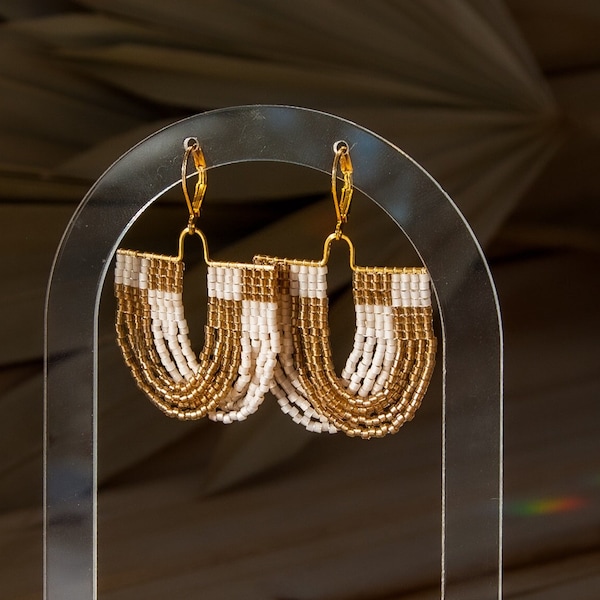 Funky Beaded Gold & Cream Dangle Earrings in Checkered Design