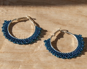 Blue & Silver Handmade Beaded Hoop Earrings | Colorful Boho Seed Bead Hoops