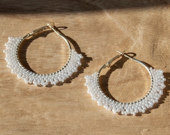 White & Silver Handmade Beaded Hoop Earrings | Summer Boho Seed Bead Hoops