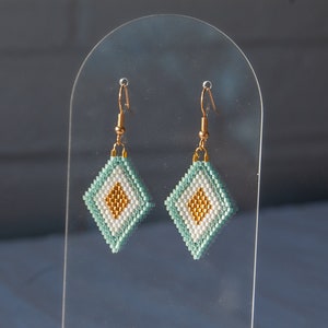 Small Sea Foam Green & Gold Beaded Earrings | Handmade seed bead earrings